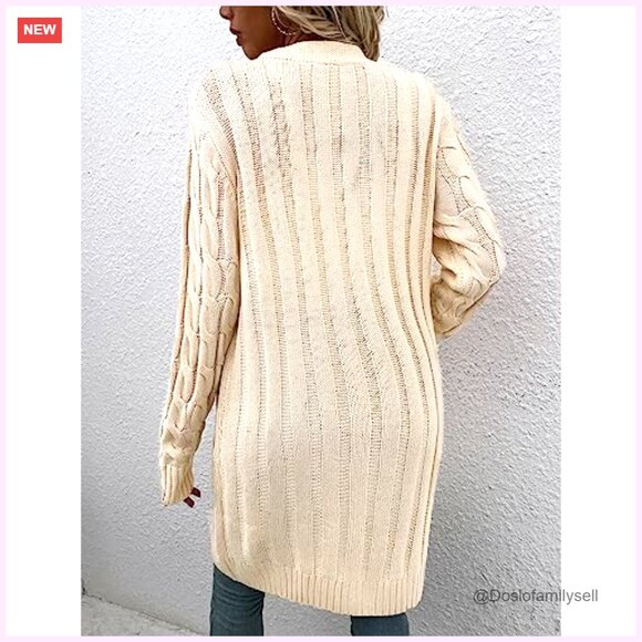 Women's Cable Knit Cardigan Sweater Open Front Loose Fit Long Sleeve with Pocket - Picture 4 of 7